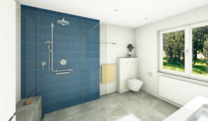 Modernes Badezimmer mit blau gefliester, begehbarer Dusche, wandmontierter Toilette, großem Fenster und Handtuchaufhängung neben der Dusche für zusätzlichen Badkomfort.