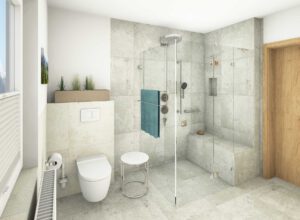 Modernes Badezimmer mit hellen Steinfliesen, einer wandmontierten Toilette, begehbarer Glasdusche für mehr Komfort und Sicherheit, eingebauter Bank, Duscharmaturen aus Metall, kleinem Hocker, Handtuch, Pflanzen und einer Holztür.